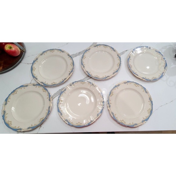 Syracuse China CARVEL 10" Salad Plate Federal Shape Cream Blue & Gold Lot Of 6 - Picture 1 of 7